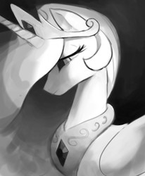 Size: 1054x1280 | Tagged: safe, artist:perspicacious-pony, princess celestia, alicorn, pony, g4, bust, female, monochrome, portrait, solo, somber, wip