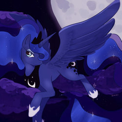Size: 900x900 | Tagged: safe, artist:nikieu, princess luna, alicorn, pony, g4, female, flying, looking at you, mare, moon, night, solo