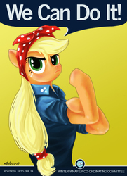 Size: 608x839 | Tagged: safe, artist:silver-dt, applejack, earth pony, semi-anthro, g4, clothes, female, flexing, headscarf, hilarious in hindsight, motivational poster, propaganda poster, rosie the riveter, scarf, simple background, solo, we can do it!, world war ii, yellow background