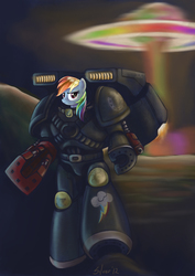 Size: 850x1200 | Tagged: safe, artist:silver-dt, rainbow dash, pony, g4, armor, atomic rainboom, female, glare, jump pack, power armor, power fist, solo, space marine, warhammer (game), warhammer 40k