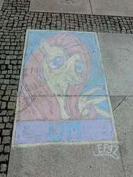 Size: 2736x3648 | Tagged: safe, artist:ef92, fluttershy, pony, galacon, galacon 2017, g4, 2017, chalk drawing, high res, irl, obey, parody, photo, solo, traditional art, um