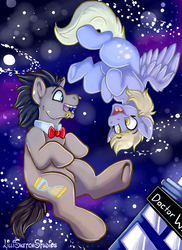 Size: 576x792 | Tagged: safe, artist:lillisketchstudios, derpy hooves, doctor whooves, time turner, earth pony, pony, g4, doctor who, female, floating, male, mouth hold, ship:doctorderpy, shipping, signature, sonic screwdriver, space, stars, straight, tardis, the doctor