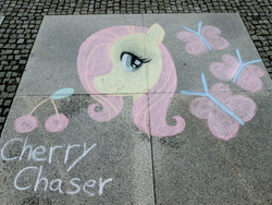 Size: 2736x2052 | Tagged: safe, artist:cherry chaser, fluttershy, butterfly, pony, galacon, galacon 2017, g4, 2017, chalk art, chalk drawing, cherry, food, high res, irl, photo, solo, traditional art