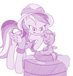 Size: 900x935 | Tagged: safe, artist:dstears, daring do, rainbow dash, pegasus, pony, g4, clothes, female, indiana jones, mare, monochrome, newbie artist training grounds, parody, raiders of the lost ark, simple background, solo, statue, white background