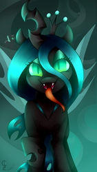 Size: 1080x1920 | Tagged: safe, artist:cleoziep, queen chrysalis, changeling, changeling queen, g4, changeling hive, crown, cute, cutealis, female, glowing eyes, jewelry, looking at you, raised hoof, regalia, signature, solo focus, tongue out