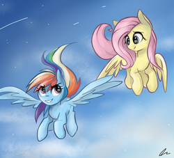 Size: 660x600 | Tagged: safe, artist:cerebralvapor, fluttershy, rainbow dash, pegasus, pony, g4, duo, female, flying, mare