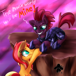 Size: 3000x3000 | Tagged: safe, artist:katakiuchi4u, sunset shimmer, tempest shadow, pony, unicorn, g4, my little pony: the movie, armor, atg 2017, broken horn, cliff, dialogue, eye scar, female, high res, horn, imminent death, imminent murder, long live the king, mare, meta, movie reference, newbie artist training grounds, prone, scar, scar on the wrong side, the lion king