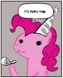 Size: 345x425 | Tagged: safe, artist:enshou, pinkie pie, earth pony, pony, g4, :3, artifact, female, hat, nedroid, parody, party cat, party hat, party horn, pinkie fuel, solo