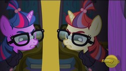 Size: 1280x720 | Tagged: safe, edit, edited screencap, screencap, moondancer, twilight sparkle, pony, unicorn, amending fences, g4, clothes, discovery family logo, duo, female, glasses, mare, mirrored, recolor, sweater