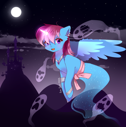 Size: 2000x2024 | Tagged: safe, artist:kate-titan-mrak, oc, oc only, oc:parcly taxel, alicorn, genie, genie pony, ghost, pony, alicorn oc, armband, bracelet, castle, collar, female, floating, gem, glowing horn, high res, horn, horn ring, jewelry, magic, mare, moon, night, night sky, sky, solo, waistband