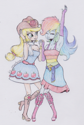 Size: 1163x1718 | Tagged: safe, artist:marta4708, applejack, rainbow dash, equestria girls, g4, armpits, boots, clothes, dancing, dress, eyes closed, fall formal outfits, female, lesbian, ship:appledash, shipping, shoes, traditional art