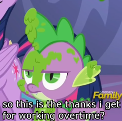 Size: 488x485 | Tagged: safe, edit, edited screencap, screencap, spike, twilight sparkle, alicorn, dragon, pony, g4, abuse, angry, annoyed, cropped, disappointed, discovery family logo, image macro, mashed peas, meme, overtime, rock-a-bye bivalve, spikeabuse, spongebob squarepants, twilight sparkle (alicorn)