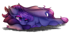 Size: 2426x1121 | Tagged: safe, artist:cloud-drawings, oc, oc only, oc:torpid astrum, bat pony, pony, female, hat, mare, nightcap, pillow, prone, simple background, solo, transparent background
