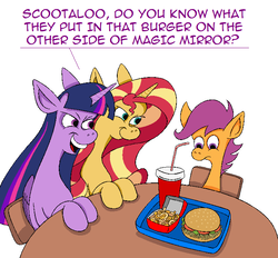 Size: 700x650 | Tagged: safe, artist:hellarmy, scootaloo, sunset shimmer, twilight sparkle, alicorn, pegasus, pony, unicorn, g4, burger, drink, evil, food, hay burger, horseshoe fries, implied equestria girls, implied scootabuse, implied scootachicken, ms paint, sitting, table, tray, twibitch sparkle, twilight sparkle (alicorn)