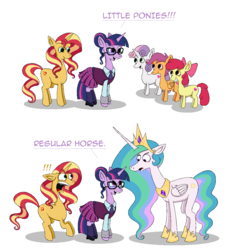 Size: 1214x1321 | Tagged: safe, artist:hellarmy, apple bloom, princess celestia, sci-twi, scootaloo, sunset shimmer, sweetie belle, twilight sparkle, alicorn, earth pony, pegasus, pony, unicorn, equestria girls, g4, clothes, comic, cutie mark crusaders, equestria girls ponified, faic, female, glasses, jaw drop, mare, ms paint, ponified, princess celestia is a horse, school uniform, shocked, simple background, this will end in tears and/or a journey to the moon, unicorn sci-twi