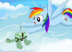 Size: 3509x2550 | Tagged: safe, artist:neoshrek, rainbow dash, tank, pegasus, pony, tortoise, g4, aviator goggles, cloud, female, flying, high res, mare, propeller, sky, smiling, spread wings, wings
