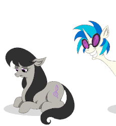 Size: 600x650 | Tagged: safe, artist:hellarmy, dj pon-3, octavia melody, vinyl scratch, earth pony, horse, pony, unicorn, g4, animated, dialogue, faic, female, floppy ears, gif, grin, hoers, jumpscare, mare, nightmare fuel, reaction, simple background, sitting, smiling, wait for it, white background