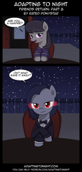 Size: 960x2000 | Tagged: safe, artist:terminuslucis, octavia melody, oc, oc:lucid, earth pony, pony, undead, vampire, vampony, comic:adapting to night, comic:adapting to night: friends return, g4, blind date, blushing, bowtie, chair, clothes, comic, dress, glowing, glowing eyes, night, red eyes, suit, table, this will end in tears, this will not end well, uh oh, wham shot