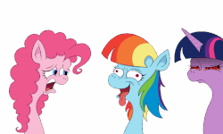 Size: 800x480 | Tagged: safe, artist:hellarmy, pinkie pie, rainbow dash, twilight sparkle, pony, g4, the lost treasure of griffonstone, alternate hairstyle, angry, animated, female, gif, impersonating, manebow sparkle, mare, mocking, ms paint, open mouth, simple background, this will end in death, this will end in pain, this will end in tears, this will end in tears and/or death, tongue out