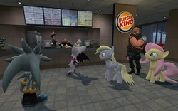 Size: 1280x800 | Tagged: safe, artist:rach-gmod-multiverse, bon bon, derpy hooves, fluttershy, sweetie drops, pony, g4, 3d, burger king, crossover, gmod, heavy weapons guy, male, rouge the bat, shadow the hedgehog, silver the hedgehog, sonic the hedgehog, sonic the hedgehog (series)