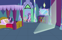 Size: 2048x1333 | Tagged: safe, artist:darkdabula, spike, starlight glimmer, twilight sparkle, dragon, g4, bedroom, bedroom eyes, body pillow, book, caught, magic, telekinesis, that pony sure does love books