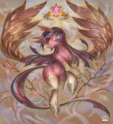 Size: 914x1000 | Tagged: safe, artist:girlsay, twilight sparkle, alicorn, pony, g4, big crown thingy, clothes, crown, female, flying, horseshoes, jewelry, large wings, looking at you, mare, patreon, patreon logo, regalia, smiling, solo, stockings, thigh highs, twilight sparkle (alicorn), wings