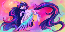 Size: 3464x1732 | Tagged: safe, artist:wilvarin-liadon, twilight sparkle, alicorn, pony, g4, color porn, colored wings, crown, female, flying, impossibly long hair, impossibly long tail, jewelry, long mane, long tail, mare, multicolored wings, regalia, smiling, solo, twilight sparkle (alicorn)