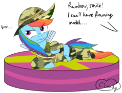 Size: 2381x1814 | Tagged: safe, artist:cloudy95, rainbow dash, pony, g4, atg 2017, camouflage, clothes, female, model, modeling, newbie artist training grounds, rainbow dash always dresses in style, simple background, solo, transparent background