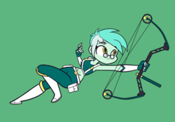 Size: 2571x1800 | Tagged: safe, artist:khuzang, lyra heartstrings, equestria girls, g4, alternate hairstyle, alternate universe, archer, arrow, belly button, bow (weapon), bow and arrow, breasts, clothes, commission, compound bow, equestrian city, fanfic, fanfic art, female, glasses, midriff, short hair, simple background, solo, weapon
