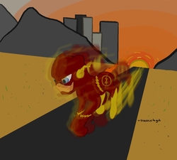 Size: 1270x1142 | Tagged: safe, artist:speedpaintthegod, pony, blue eyes, city, cityscape, clothes, costume, crossover, dc comics, desert, gotta go fast, motion blur, ponified, solo, sunset, the flash