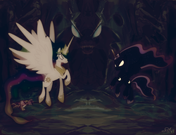 Size: 1024x786 | Tagged: safe, artist:wisdomvision f., princess cadance, princess celestia, princess luna, twilight sparkle, changeling, fanfic:love changes a changeling, g4, cover art, hive, lcac, story, story art