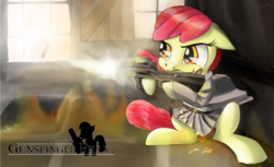 Size: 2500x1530 | Tagged: safe, artist:chopsticks, apple bloom, earth pony, pony, g4, clothes, crossover, dress, female, filly, gun, gunslinger girl, henrietta (gunslinger girl), muzzle flash, p90, parody, solo, text, weapon