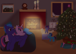 Size: 3507x2480 | Tagged: safe, artist:xaik0x, twilight sparkle, oc, oc:flyghtning, pony, g4, canon x oc, christmas, christmas tree, fireplace, high res, holiday, tree, winter