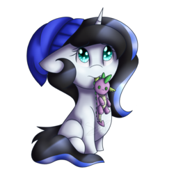 Size: 1500x1500 | Tagged: safe, artist:sketchthebluepegasus, spike, oc, oc:star scribbles, dragon, pony, g4, beanie, beanie (plushie), female, filly, floppy ears, hat, mouth hold, plushie, sad, simple background, sitting, spike plushie, transparent background