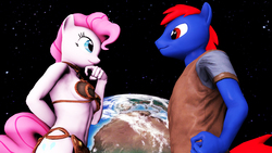 Size: 3020x1698 | Tagged: safe, artist:dominator2001, pinkie pie, oc, oc:nick, earth pony, anthro, g4, 3d, anthro oc, beerus, bikini, breasts, cleavage, clothes, dragon ball, dragon ball z, dragon ball z: battle of gods, earth, fight, god of destruction, goddess, gods, red eyes, red hair, slave leia outfit, space, star wars, super saiyan god, swimsuit, vs