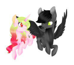 Size: 2000x1750 | Tagged: safe, artist:emypony, oc, oc only, pegasus, pony, unicorn, black, couple, cute, female, male, mare, simple background, stallion, transparent background