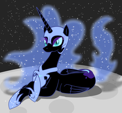 Size: 2138x1982 | Tagged: safe, artist:freudski, nightmare moon, alicorn, pony, g4, armor, female, lying, mare, moon, prone, solo, space, stars