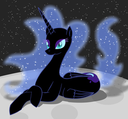 Size: 2138x1982 | Tagged: safe, artist:freudski, nightmare moon, alicorn, pony, g4, female, lidded eyes, lying, mare, missing accessory, moon, prone, sexy, solo, space, stars, stupid sexy nightmare moon