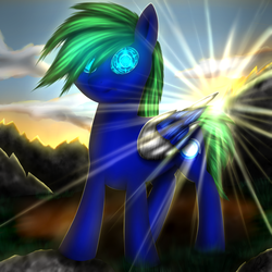 Size: 1024x1024 | Tagged: safe, artist:ponygraphics, oc, oc only, pegasus, pony, cloud, colored wings, dirt, eye, eyes, grass, lens flare, light, mountain, multicolored wings, sky, stone, sunshine, wings