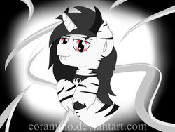 Size: 4000x3000 | Tagged: safe, artist:coramino, oc, oc only, oc:mike, pony, unicorn, vampony, zebra, black horns, handsome, horn, multiple horns, red eyes, sexy, solo