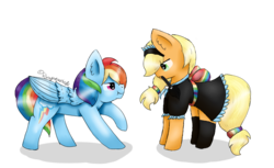 Size: 876x536 | Tagged: safe, artist:ponyhearted, applejack, rainbow dash, earth pony, pegasus, pony, g4, :t, clothes, duster, female, lesbian, maid, mare, mouth hold, raised hoof, request, ship:appledash, shipping, simple background, socks, transparent background