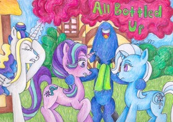 Size: 2310x1638 | Tagged: safe, artist:pristine1281, starlight glimmer, trixie, oc, oc:pristine, alicorn, pony, unicorn, all bottled up, g4, alicorn oc, clothes, facehoof, horn, scarf, traditional art, wings