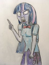 Size: 1024x1365 | Tagged: safe, artist:captainedwardteague, twilight sparkle, equestria girls, every little thing she does, g4, angry, clothes, equestria girls interpretation, faic, female, fgsfds, pleated skirt, scene interpretation, skirt, solo, traditional art