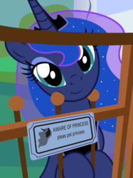 Size: 2462x3300 | Tagged: safe, artist:badumsquish, derpibooru exclusive, princess luna, alicorn, pony, :t, aware of dog, badumsquish is trying to murder us, badumsquish strikes again, beware of dog, bipedal, cute, female, fence, gate, head tilt, hnnng, leaning, looking at you, lunabetes, mare, missing accessory, ponified animal photo, show accurate, silly, silly pony, smiling, solo, undertale, weapons-grade cute
