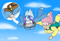 Size: 1500x1038 | Tagged: safe, artist:phallen1, fluttershy, trixie, human, g4, air ponyville, atg 2017, clothes, falling, female, fluttershy is not amused, goggles, helmet, humanized, jumpsuit, newbie artist training grounds, panic, parachute, sky, skydiving, this will end in tears and/or death, unamused