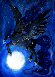 Size: 779x1078 | Tagged: safe, artist:korppipoika, artist:susikukka, princess luna, alicorn, pony, g4, female, flying, moon, realistic, solo, space, spread wings, stars, traditional art, watercolor painting, wings