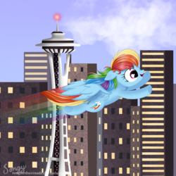 Size: 2000x2000 | Tagged: safe, artist:songbirdserenade, rainbow dash, pony, g4, female, flying, high res, rainbow trail, seattle, solo, space needle