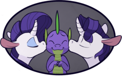 Size: 944x592 | Tagged: safe, artist:enma-darei, rarity, spike, dragon, pony, unicorn, and then spike was bi, bisexual, cheek kiss, elusive, gay, kiss sandwich, kissing, male, rule 63, shipping, sparity, spelusive, straight