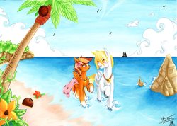 Size: 1640x1165 | Tagged: safe, artist:aerolp, oc, oc only, pegasus, pony, starfish, beach, blushing, boat, cloud, coconut, coconut tree, commission, female, flower, flower in hair, food, looking at each other, male, mare, palm tree, sky, smiling, stallion, tree, water