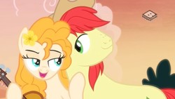 Size: 1024x576 | Tagged: safe, screencap, bright mac, pear butter, pony, g4, season 7, the perfect pear, bedroom eyes, boomerang (tv channel), couple, cowboy hat, female, flower, flower in hair, guitar, hat, lidded eyes, male, outdoors, sassy, ship:brightbutter, shipping, stetson, straight